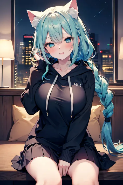 ((masutepiece)), ((Best Quality)), ((8K)), High resolution, 1girl in, Cat ears, Night, Hoodie, Skirt, knee high, Looking Up, Green eye, light blue and blue hair, Long hair, braid, pale skin, Large breasts, blush, Half closed eyes, 牙, smugness, Dress