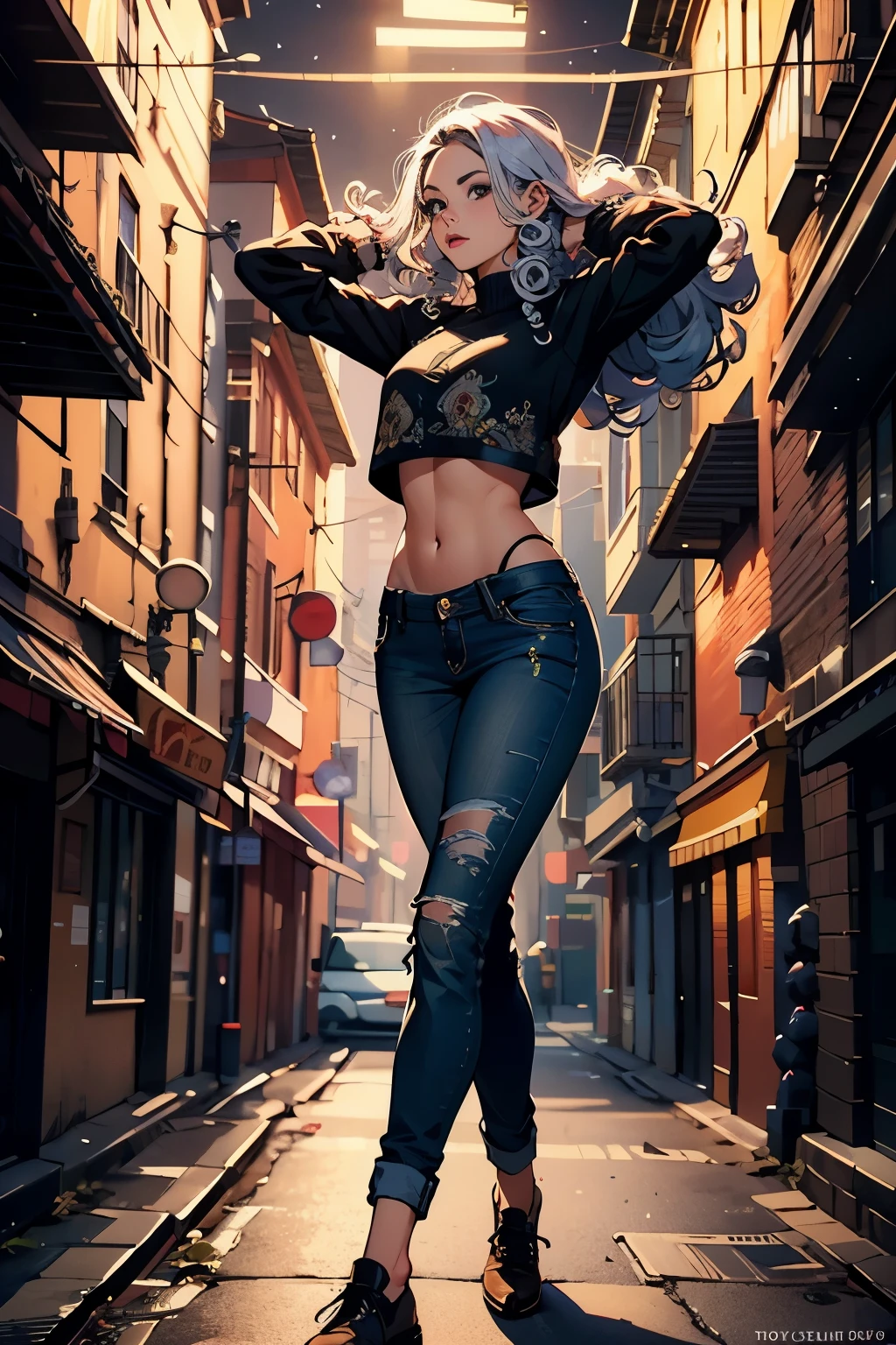 1 woman, (beautiful symmetrical detailed face), curly hair, ((perfect anatomy)), ripped jeans pants, crop top, (full body ) , exotic pose, ((hands behind head))((meticulously detailed)), ((masterpiece)), ultra sharp, chiaroscuro, hyperdetailed, photorealistic, 8k, high resolution, (lora:NIJI~3D half realistic/Semi-realistic style:0.8)