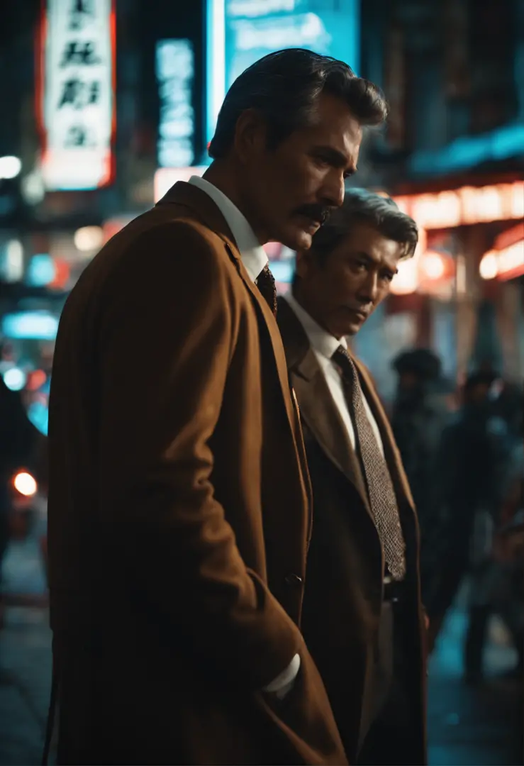 2 middle aged attractive detectives looking cool, in Tokyo, neon lights, smoking, smoke everywhere, wearing brown, looks mysterious, high quality, high detail, 8k