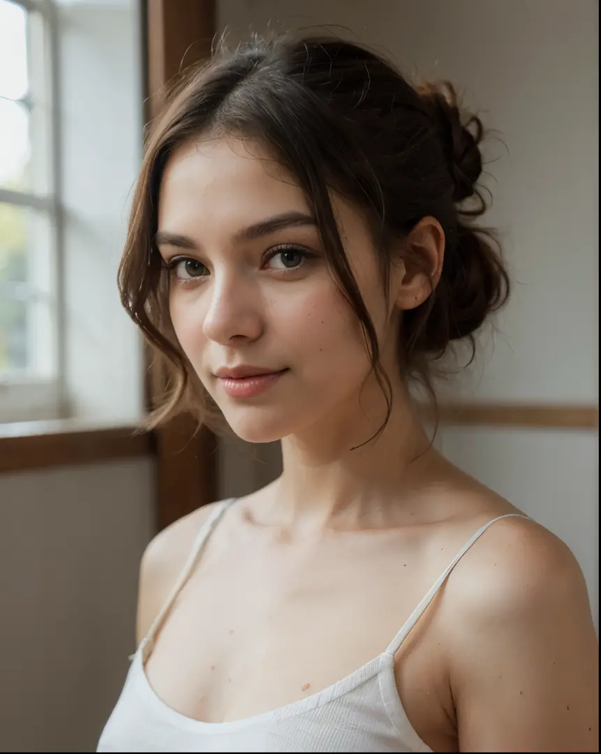 Cute beautiful sexy European light-green-eyed brunette, 22 years old, 

hair tied in a bun,

tiny waist, very detailed, innocent face, face-length 1.3 times the face-width, almond-shaped eyes, squared face-shape, high cheekbones, naturally wavy hair, light...