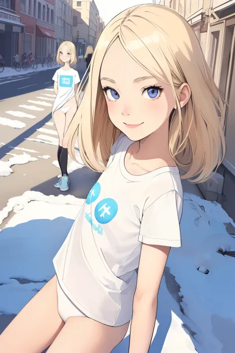 (superflat, flat shading, flat colors:1.1), (city street), 2girls, young teen, schoolgirl, slim, small breast, blonde hair, white t-shirt, (white panties), smile, blush, selfie, view from below, (low angle), winter, snow, bright sunlight, best shadows, wat...