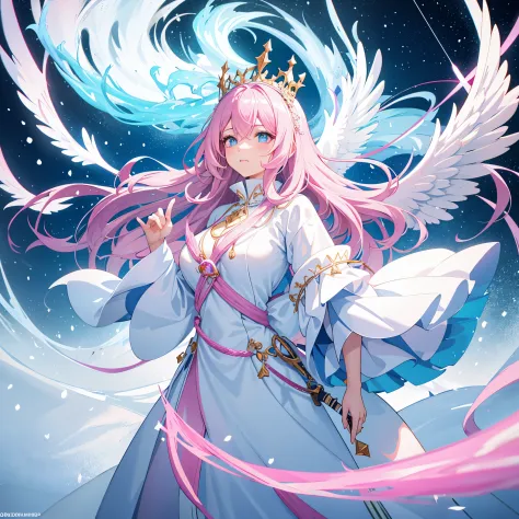in a world of  and snow，a lonely queen，She has pink and blue wavy hair and eyes，Wearing a white hat，There are huge phoenix blue wings on the back，Wearing conservative white robes，The gaze is cold，One-handed sword