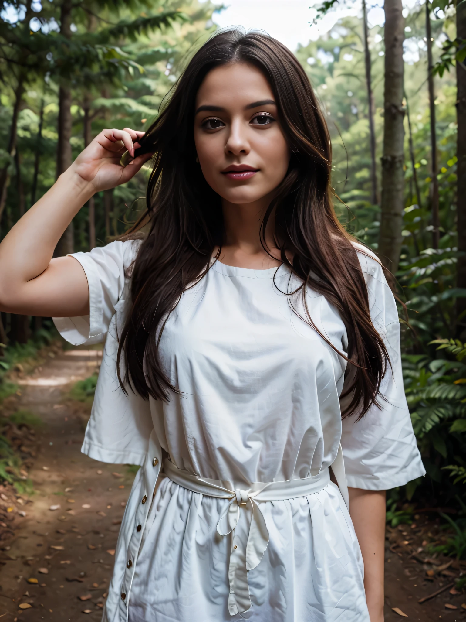 Woman with hair arguing in a forest