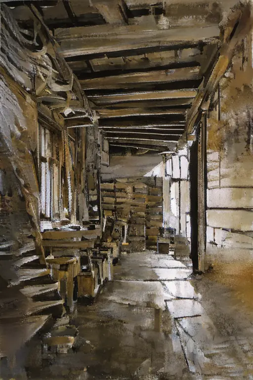 corridor of a dismal house. a window can be seen in the background, refletindo a lua cheia. monochrome watercolor style (tons de...