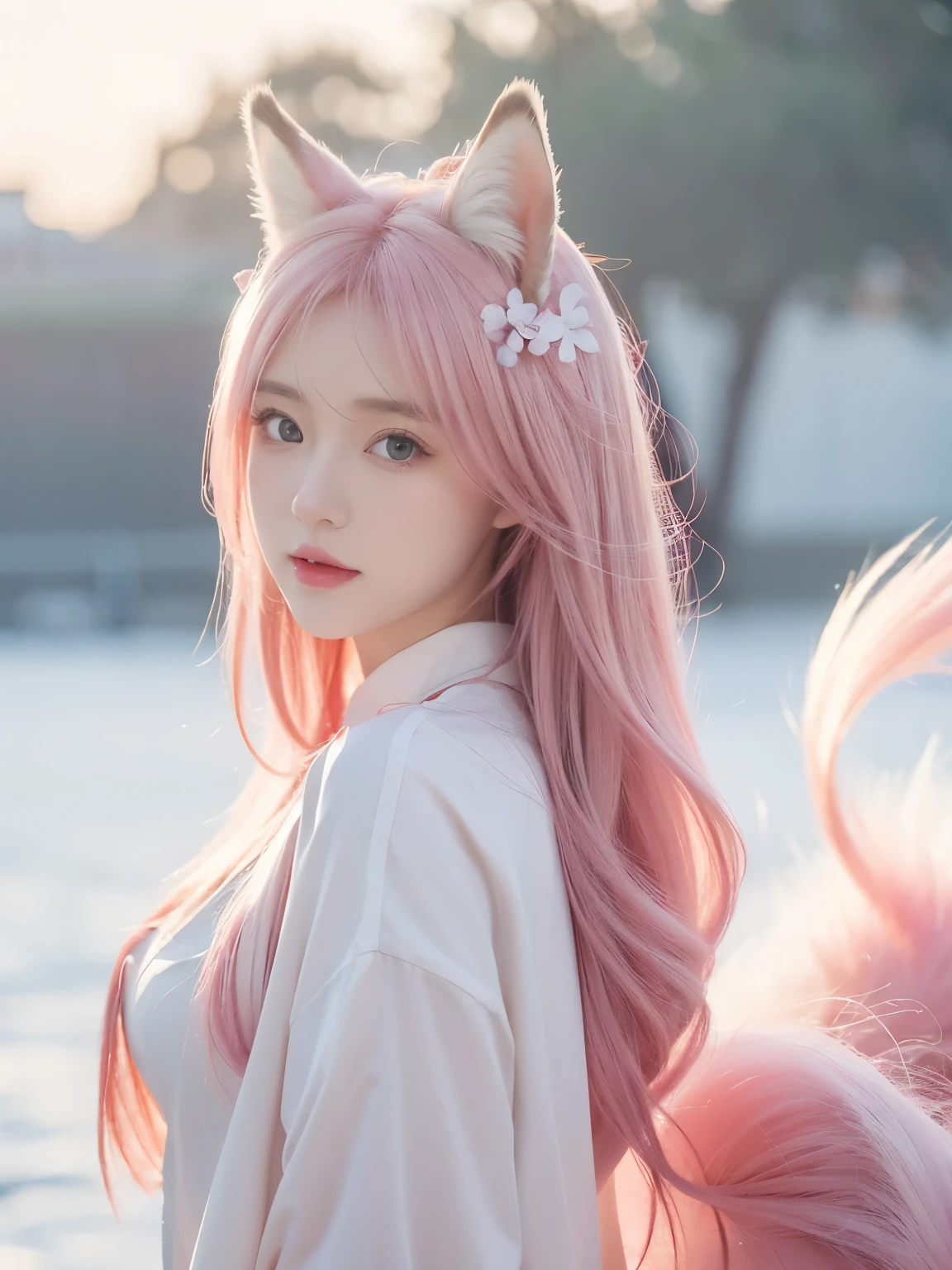 A woman with pink hair and a cat ears is posing for a picture - SeaArt AI