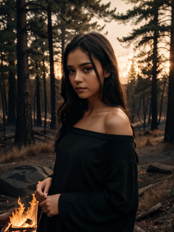 Porträt, weibliche Person, Helle Haut, schwarzes Haar, grüne Augen, traurig, trägt ein schwarzes Hauskleid, Auf einem brennenden Wald stehend,umgeben von Feuerfotografie ,32K