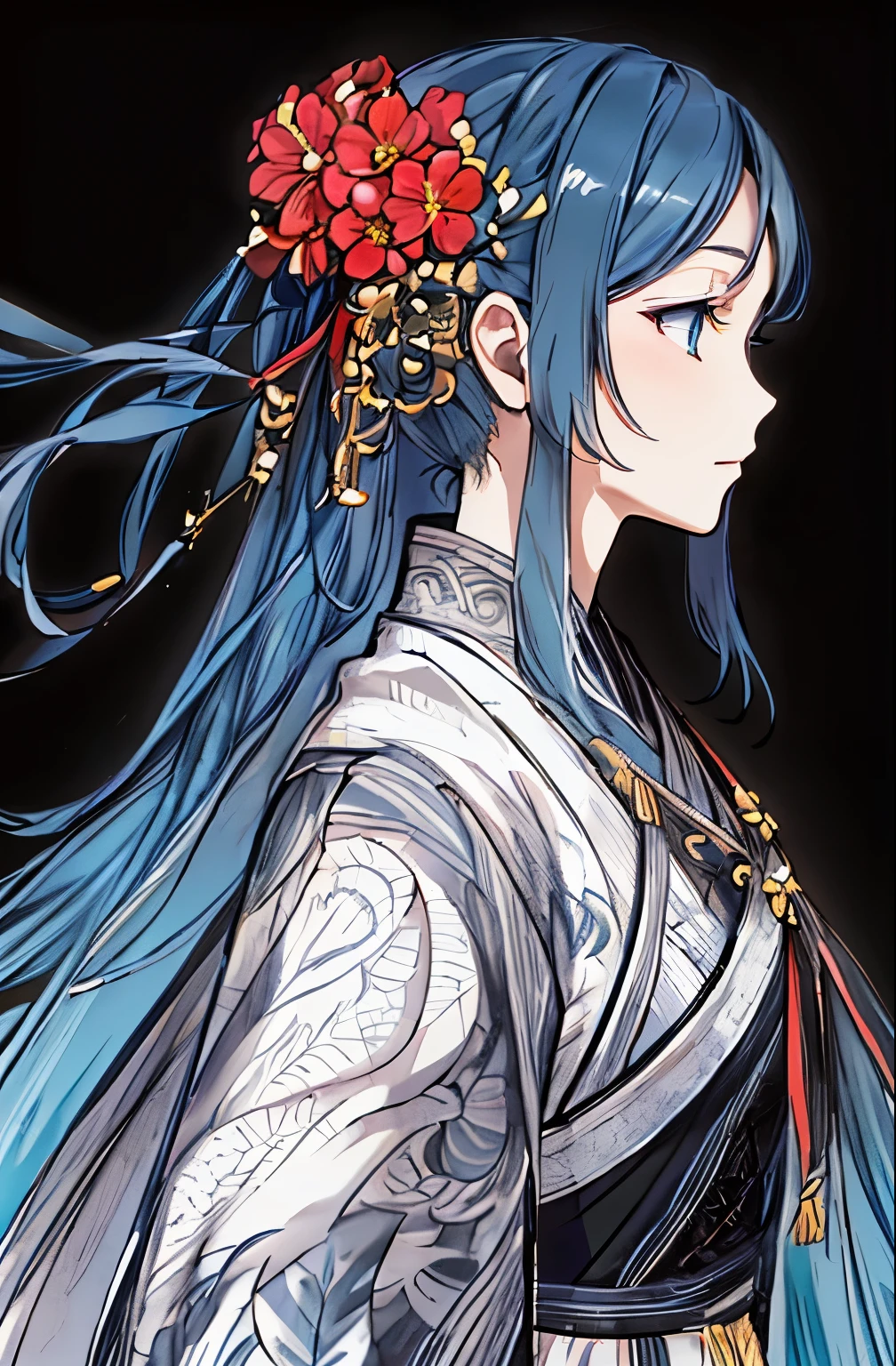 a drawing of a woman with long hair and a flower in her hair, detailed line art, lineart,detailed manga style, extremely detailed linework, (simple black background), blue hair, red flowers, light blue eyes, (purple clothing)