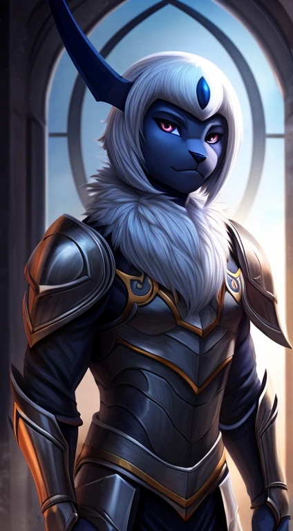 uploaded to e621, anthropomorphic, Male Absol, wearing phantasy star style armor, cinematic lighting, smooth shading, soft colors, furry art, anthro art, masterpiece 1.21, illustration 1.2, looking at viewer, absol furry,
