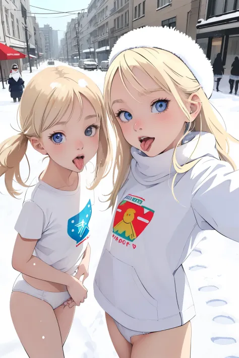 (superflat, flat shading, flat colors:1.1), (winter:1.2), (snow:1.2), (city street), (2girls), petite, loli, blonde hair, white t-shirt, (white panties:1.2),  blush, open mouth, (show tongue), selfie, view from below, (low angle), winter, snow, bright sunl...