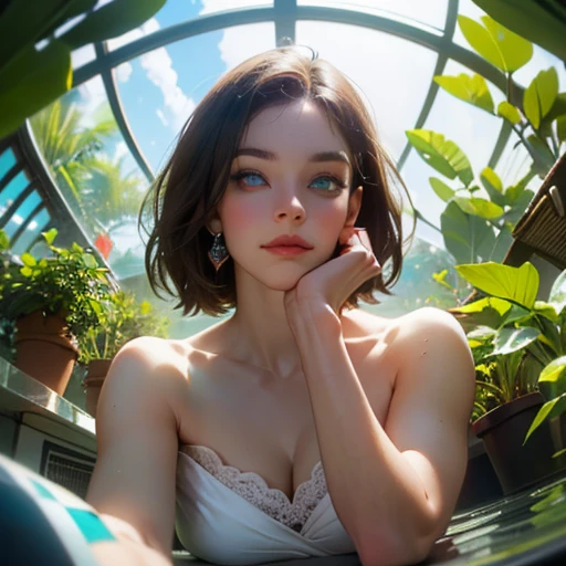 ( Masterpiece, best quality , shot from below , 75mm lens, fisheye:1.2 ), ((pov from below:1.4)), (( beautiful, luxurious, greenhouse dome:1.5, glass panels, plants of colours, vibrant , extreme high detailed, intricate details )). ( 1woman_/(kimtaeyeon/), flat nose:0.8, long face:1.2, ( sleek eyes:1.6, wide eyes:1.4 ), ( strong cheek bones:1.4 ), broad jaw:1.1, [plump cheeks], pixie cut, assertive female, earrings , dark hair with green highlights, beautiful eyes, confident stride, seductive smile, wearing beach summer ootd ), ( cinematic lighting, backlit, soft light)