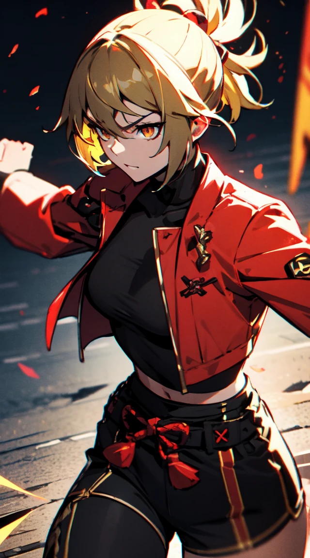 Ultra definition, masterpiece, best quality, 1Girl, Experienced fighter, red short hair, yellow eyes, light brown skin, wearing red jacket, and tactical black top Like kuki shinobu outfit, combat stance, sharp ocular posture, front, waist line.