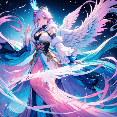 In a land of  and snow, a lonely queen, with pink and blue curls and eyes, and huge blue phoenix wings on her back, dressed conservatively, her eyes cold, and a sword in one hand