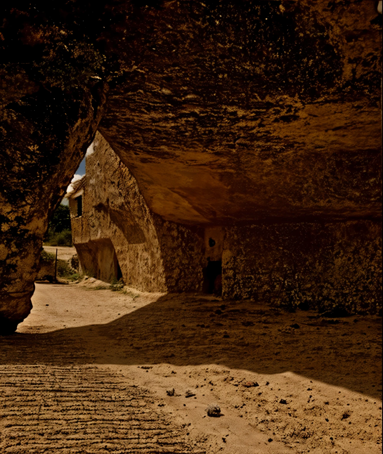 There is a stone archway in the middle of a dirt road - SeaArt AI