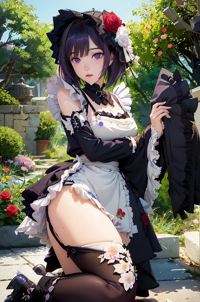 (((Young White Woman))), ((Best Quality)), ((Masterpiece)), (Detail: 1.4), 3D,MarinLora, blush, short hair, black hair, hair ornament, thighhighs, long sleeves, dress, purple eyes, purple hair, flower, pantyhose, hairband, frills, hair flower, wide sleeves, apron, black dress, , rose, floral print, lace, lolita fashion, gothic lolita (((hair flower, wide sleeves, apron, black dress, , rose, floral print, lace, lolita fashion, gothic lolita))), pastel, Centered, scale to fit the dimensions, nffsw (High dynamic range),Ray tracing,NVIDIA RTX,Hyper-Resolution,Unreal 5,Subsurface Dispersion, PBR Texture, Post-processing, Anisotropy Filtering, depth of fields, Maximum clarity and sharpness, Multilayer textures, Albedo and specular maps, Surface Shading, accurate simulation of light and material interactions, Perfect proportions, Octane Render, Two-tone lighting, Wide aperture, Low ISO, White Balance, thirds rule, 8K Raw, Crysisnanosuit,loraeyes,nijistyle,pantyhose, freckles, nsfw, sexual pose ,High detailed, 300dpi, pornstar, ((((white background))), (((sexy pose)), ((fullbody))