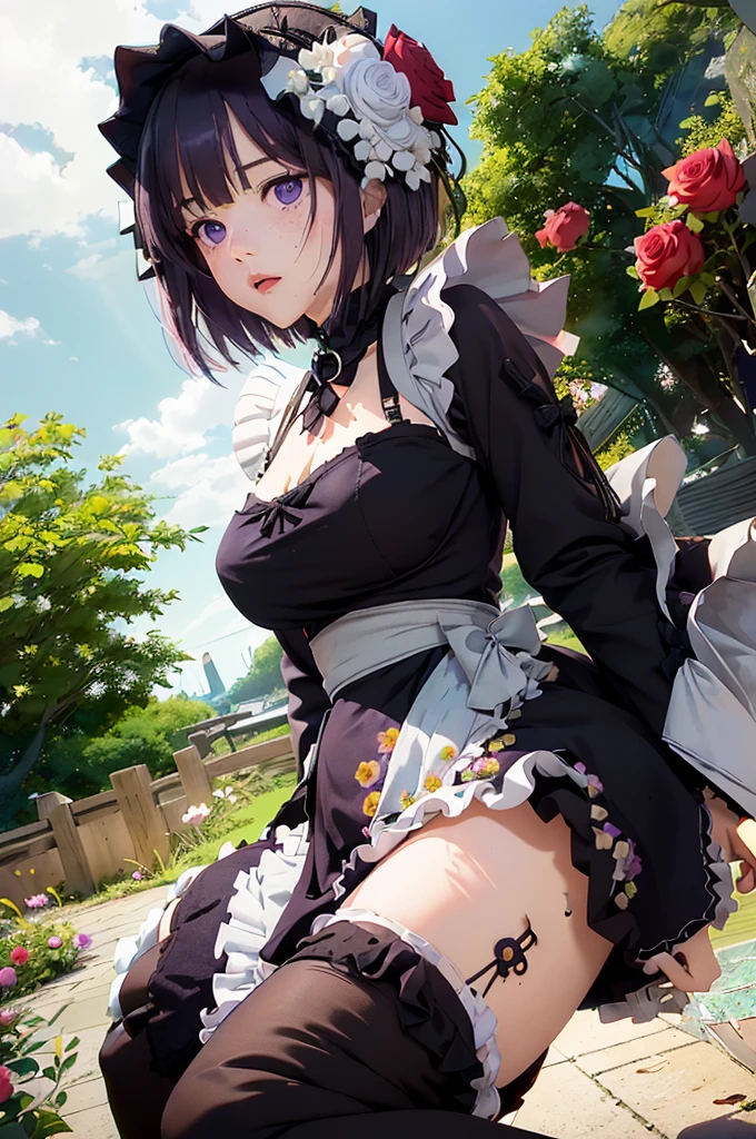 (((Young White Woman))), ((Best Quality)), ((Masterpiece)), (Detail: 1.4), 3D,MarinLora, blush, short hair, black hair, hair ornament, thighhighs, long sleeves, dress, purple eyes, purple hair, flower, pantyhose, hairband, frills, hair flower, wide sleeves, apron, black dress, , rose, floral print, lace, lolita fashion, gothic lolita (((hair flower, wide sleeves, apron, black dress, , rose, floral print, lace, lolita fashion, gothic lolita))), pastel, Centered, scale to fit the dimensions, nffsw (High dynamic range),Ray tracing,NVIDIA RTX,Hyper-Resolution,Unreal 5,Subsurface Dispersion, PBR Texture, Post-processing, Anisotropy Filtering, depth of fields, Maximum clarity and sharpness, Multilayer textures, Albedo and specular maps, Surface Shading, accurate simulation of light and material interactions, Perfect proportions, Octane Render, Two-tone lighting, Wide aperture, Low ISO, White Balance, thirds rule, 8K Raw, Crysisnanosuit,loraeyes,nijistyle,pantyhose, freckles, nsfw, sexual pose ,High detailed, 300dpi, pornstar, ((((white background))), (((sexy pose)), ((fullbody))