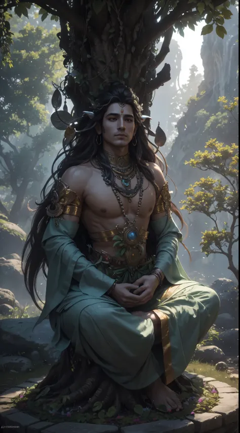 lord shiva, meditating under divine tree, wind blowing, sunlight from top angle, little leaf falling from tree, masterpiece, 8k ...