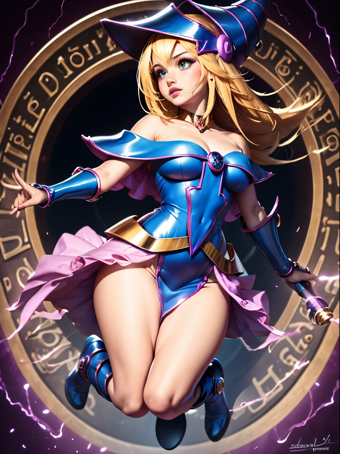 ultra-detailed, extremely detailed, masterpiece, highest quality, best quality, absurdres, highres, dark magician girl, (1girl:1.2), solo, detailed face, dynamic pose, hair flow, (full body:1.1),  blonde hair, long hair, looking at viewer, green eyes, skindentation, detailed skin, skin pores, (shiny skin, glossy skin:1.1), rosy skin details, breasts, nail polish, skirt, blue footwear, blue headwear, wizard hat, wand, holding hat, (blue panties:0.9), (summoning circle:1.1), hexagram, pentacle, pentagram, yu-gi-oh!, duel monster, purple magic field, glow, detailed background, intricate background,