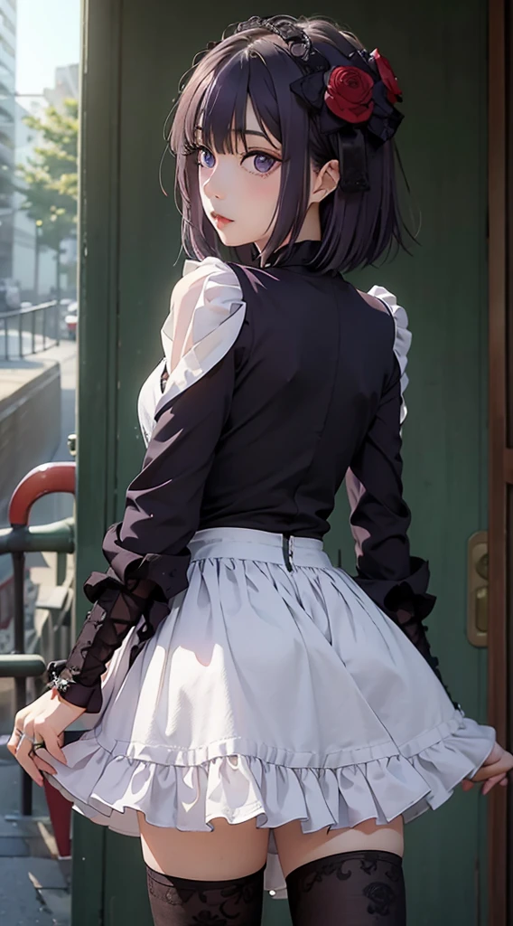 (((Young White Woman))), ((Best Quality)), ((Masterpiece)), (Detail: 1.4), 3D,MarinLora, blush, short hair, black hair, hair ornament, thighhighs, long sleeves, dress, purple eyes, purple hair, flower, pastel, Centered, scale to fit the dimensions, nffsw (High dynamic range) (back)