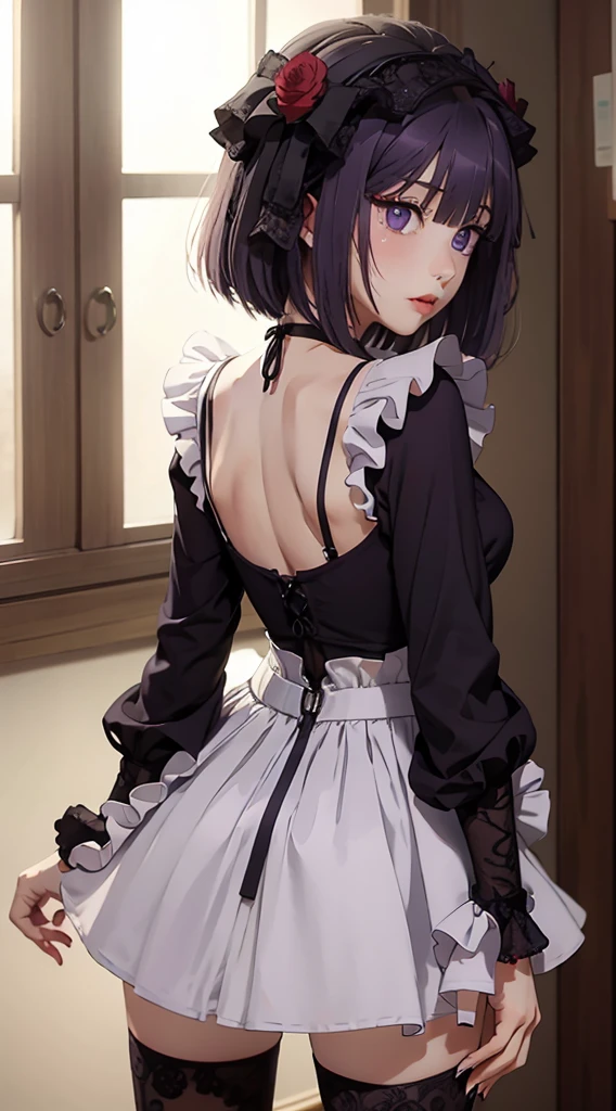 (((Young White Woman))), ((Best Quality)), ((Masterpiece)), (Detail: 1.4), 3D,MarinLora, blush, short hair, black hair, hair ornament, thighhighs, long sleeves, dress, purple eyes, purple hair, flower, pastel, Centered, scale to fit the dimensions, nffsw (High dynamic range) (back)