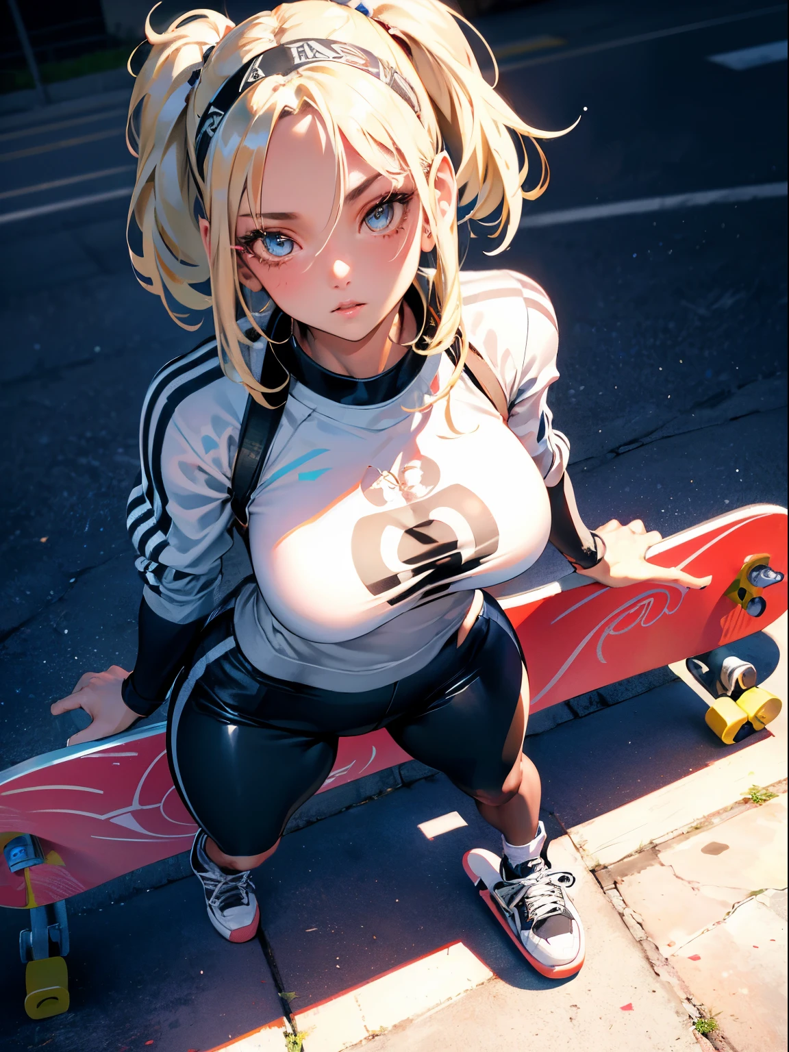 (Best Quality, masutepiece),ultra detailed photographic,1girl in, female skateboarder ,Large breasts,nice legs,Shoot the ball,At the skateboarding venue,Detailed beautiful face,Beautiful eyes,detailed hairs,detailed  clothes,Detailed realistic skin,Cool,Dynamic Angle,from above