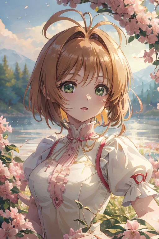 master piece, Best Quality, A high resolution, top-quality, Anime style, The best lighting, Beautiful face, kinomoto sakura, 1woman, tall, 30 years old, large breasts, light brown hair, Short hair, Antenna Hair, Green eyes, frills,  beautiful dress with intricate detailing, dynamic angle, close up