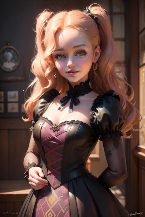 Highly detailed RAW color photo, 15 year old Virginia Otis in a sexy victorian dress, sexy and dynamic pose, pixar style, in the...