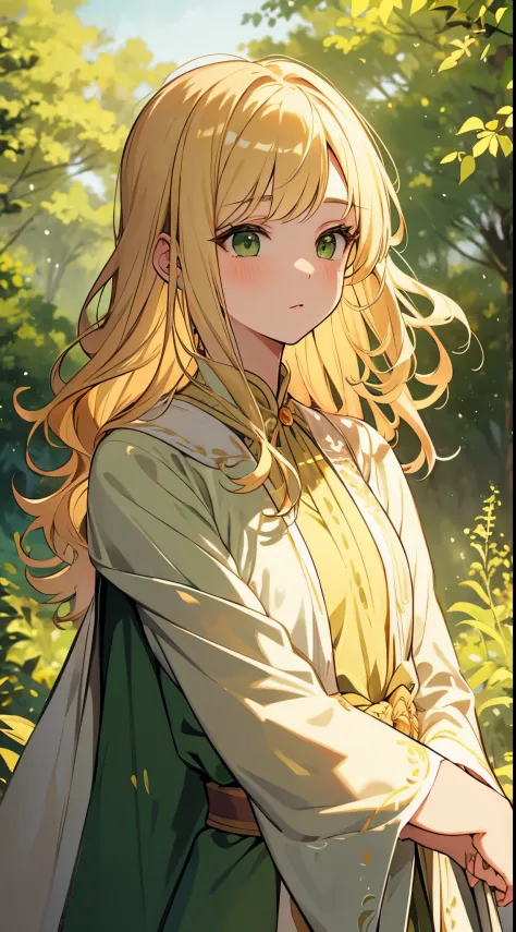 blonde hair, green eyes, princess, royalty, medium hair, fit body, dynamic angle, forest background, princess robes, gentle,  [[[masterpiece, ultra-detailed, best quality, wooden flute]]]