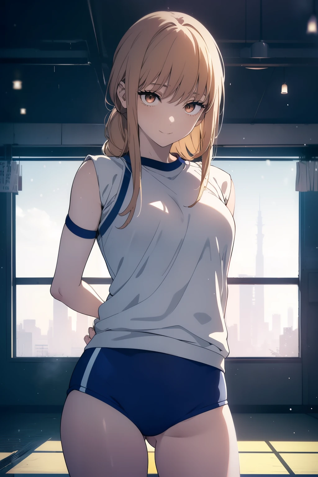 ((Obra maestra, La mejor calidad, ultrahigh resolution)), (((a girl in a gym uniform, blue Japanese ladies gym unform, ash _blonde:1))), long hair cut, pale skin, ((brown eyes)), glowing_eyes, neon eyes, (ultra detailed eyes:0.7, beautiful and detailed face, detailed eyes:0.9), ((centered)), ((cute smile, pretty)), facing viewer, eye level, ((vibrant background, snowy landscape, cityscape, snowing)), flat chested, looking at viewer, ((half closed eyes)), ((perfect hands)), (((head:1, arms, hips, elbows, in view))), ((hands behind back)), empty eyes, beautiful lighting, outside, outdoors, background, defined subject, 18 years old, (head tilt)