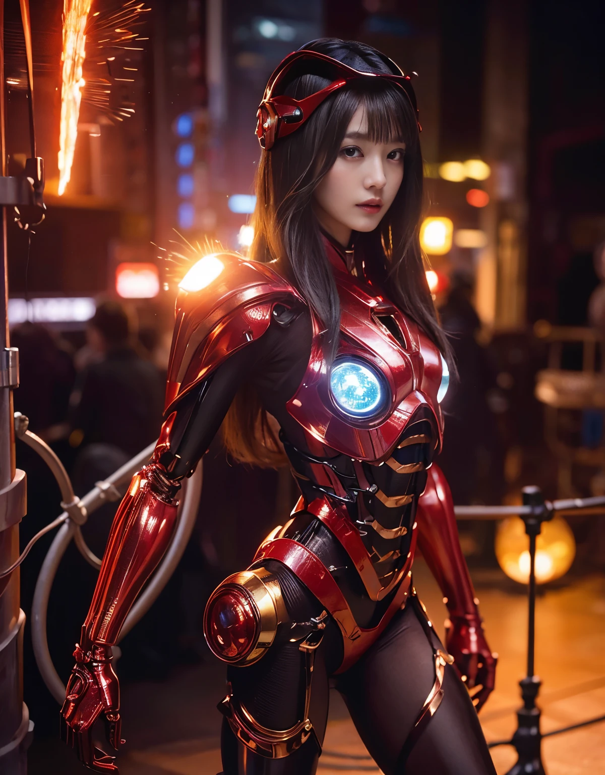 (Skimpy mechanical girl and alien background)、（Mystical expression）、top-quality、​masterpiece、超A high resolution、(Photorealsitic:1.4)、Raw photo、1 girl、glowy skin、(((1 Mechanical Girl)))、（red metalボディスーツ）、(Natural alien background to fight aliens)、(Small LED)、((super realistic details))、vertical giant monster background),globalillumination、Shadow、octan render、8k、ultrasharp、equipment people background、Colossal 、Raw skin exposed in the cleavage、red metal、Details of complex ornaments、Japan details、highly intricate detail、Realistic light、(Mystical expression),CG Society Trenlow Eyes、Eyes shining towards the camera、Mechanical marginal blood vessels connected to neon detail tubes)、(Wires and cables connecting to the head)、Small LED、,Mechanical thighs、Toostock、（Hands are also made of machines）、、future alien、Please wear a mechanical helmet、