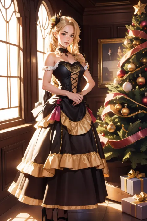 Highly detailed RAW color photo, 15 year old Virginia Otis in a sexy victorian dress, sexy and dynamic pose, pixar style, in the style of bright 3D objects, She has a cartoon smile, tanned skin and rosy cheeks, blonde hair, dorne , very very curly blonde hair, inside an 1887 tavern near a christmas tree, iridescence/opalescence, glitter, highly detailed photorealistic, 16k -- expressive style - -niji 5 (MATRIX) amazing and realistic shadows, ( highly detailed background plan: 1.2), artistic photo of the most beautiful day