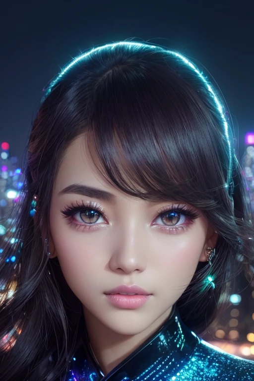 prominent eyelashes、Beautiful eyes、Beautiful lips:1.3、((calm atmosphere、urban style dressing:1.2))、soft and natural light、darker shadows:0.9、Vibrant colors、Beautiful skin tone、((A space sparkling with neon lights:1.1))、Glittering night view、((Urban background、highrise buildings:1.2))。