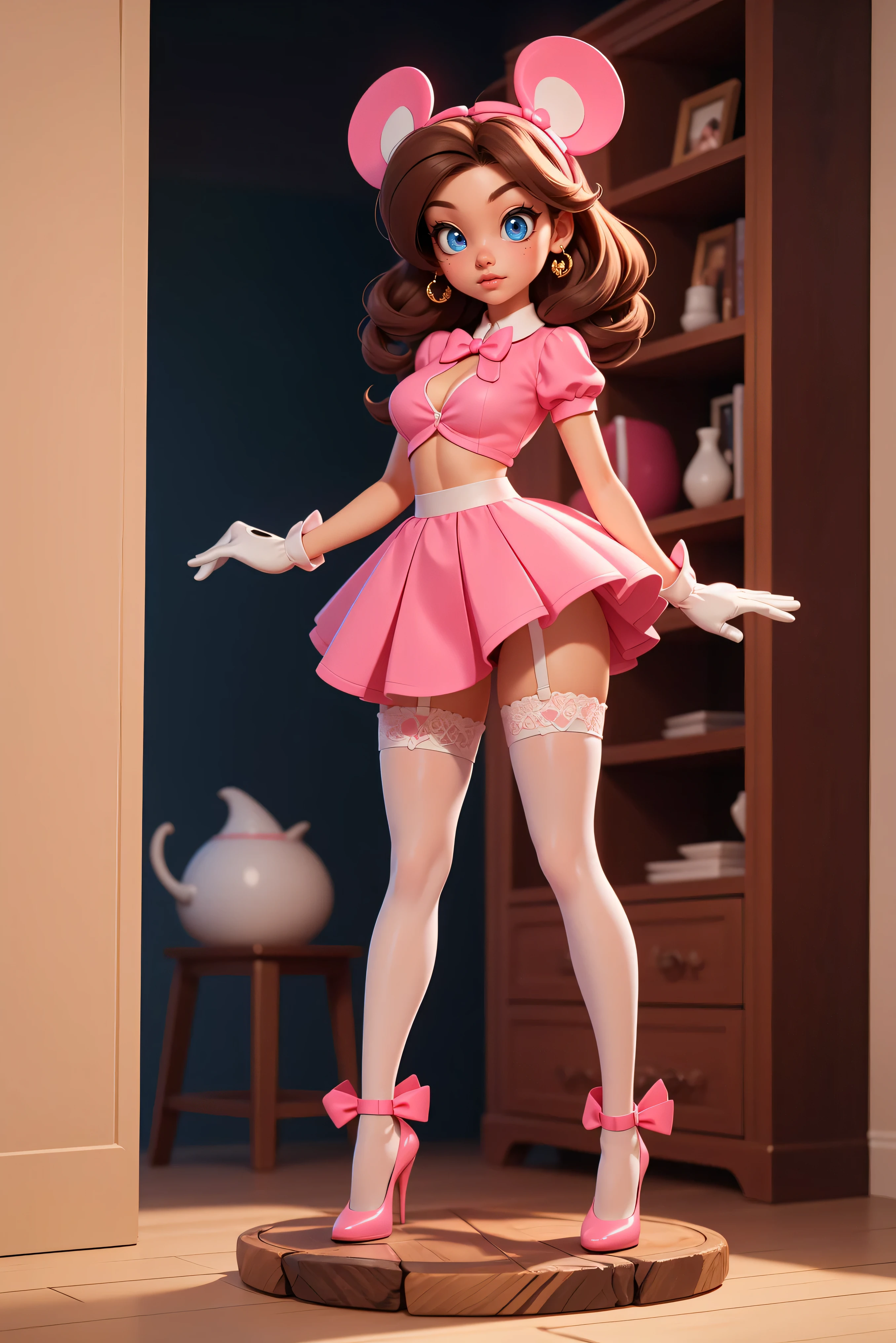 Minnie mouse standing, sexy beautiful face, doe shape eyes, full lips. slim body, breathtaking beauty, vibrant, comprehensive cinematic, 8k, cinematic lighting, best quality, 4k, perfect body, perfect long legs, (white stockings), ((pink outfit)), tiny body, slim body, tiny waist, long brown hair