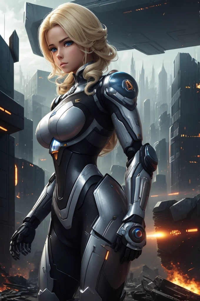 a beautiful busty European robot girl with blonde hair, wearing see through battle uniform, in a dystopian city landscape, high definition, detail