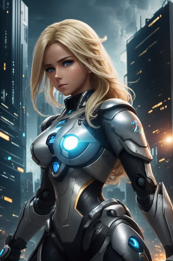 a beautiful busty european robot girl with blonde hair, wearing see through battle uniform, in a dystopian city landscape, high ...