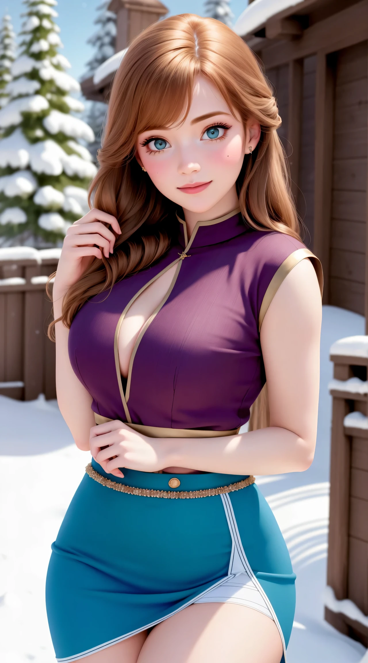 woman, ((Masterpiece, best quality)), detailed skin, highly detailed, cinematic lighting, ultra realistic, blush, looking at viewer,  anna, anna from frozen, princess, disney, brown hair, long hair, portrait, outdoor, snow,  cleavage,  large breasts,  wide hips, full body view, tall, 
skirt, miniskirt, microskirt, pleated skirt, thighs,