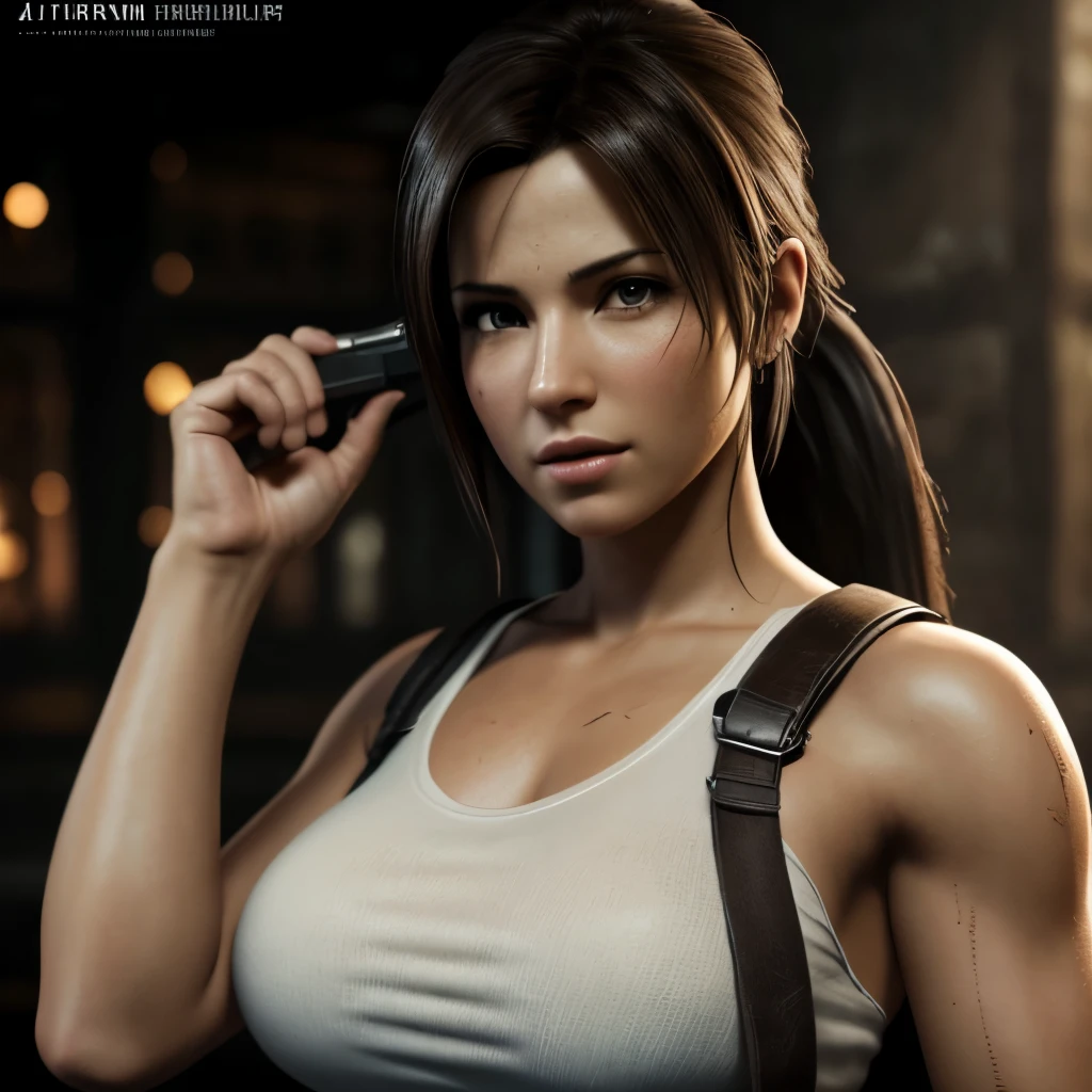 A woman in a white tank top holding a gun - SeaArt AI