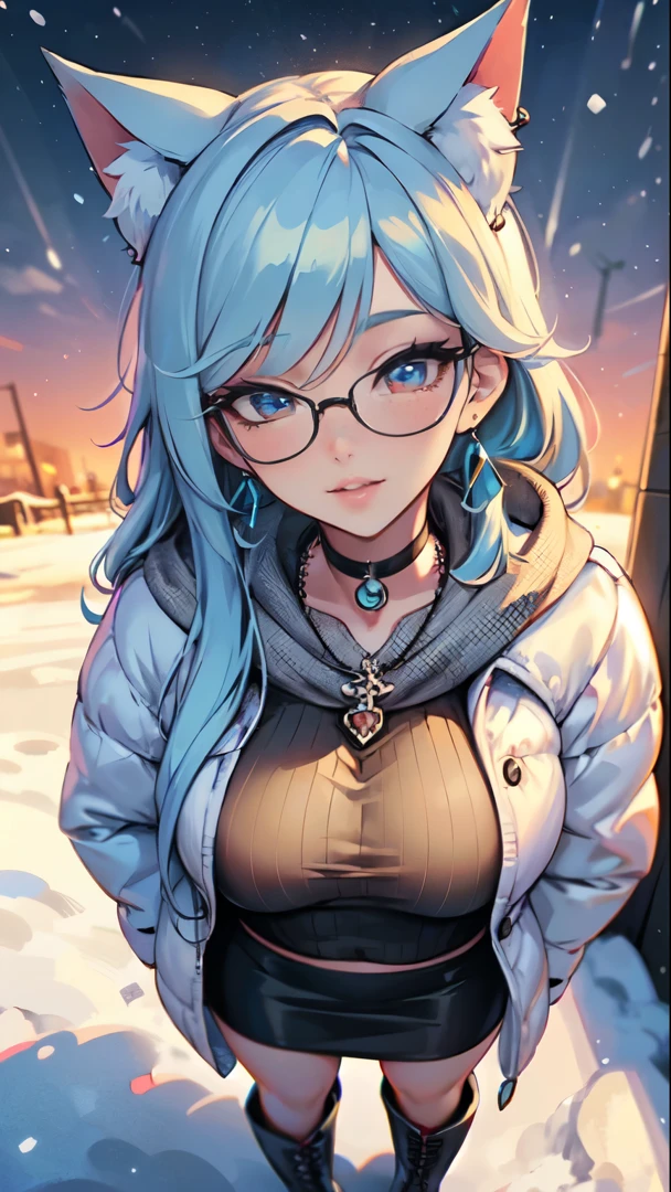 Masterpiece, high res, beautiful art, professional artist, 8k, art style by sciamano240, very detailed face, very detailed hair, very detailed clothes, 1girl, perfectly drawn body, beautiful face, long hair, light blue hair , very detailed blue vertical cat eyes, square glasses, pouty lips , rosey cheeks, intricate details in eyes, extreme close up of face, see only head and neck, staring directly at viewer, wearing cute winter clothes, winter coat, scarf, sweater, necklace, choker, earrings, gloves, pencil skirt, black tigh boots, stockings,some freckles, warm grin, in love with the viewer expression, morning winter setting, pov standing outside with viewer,