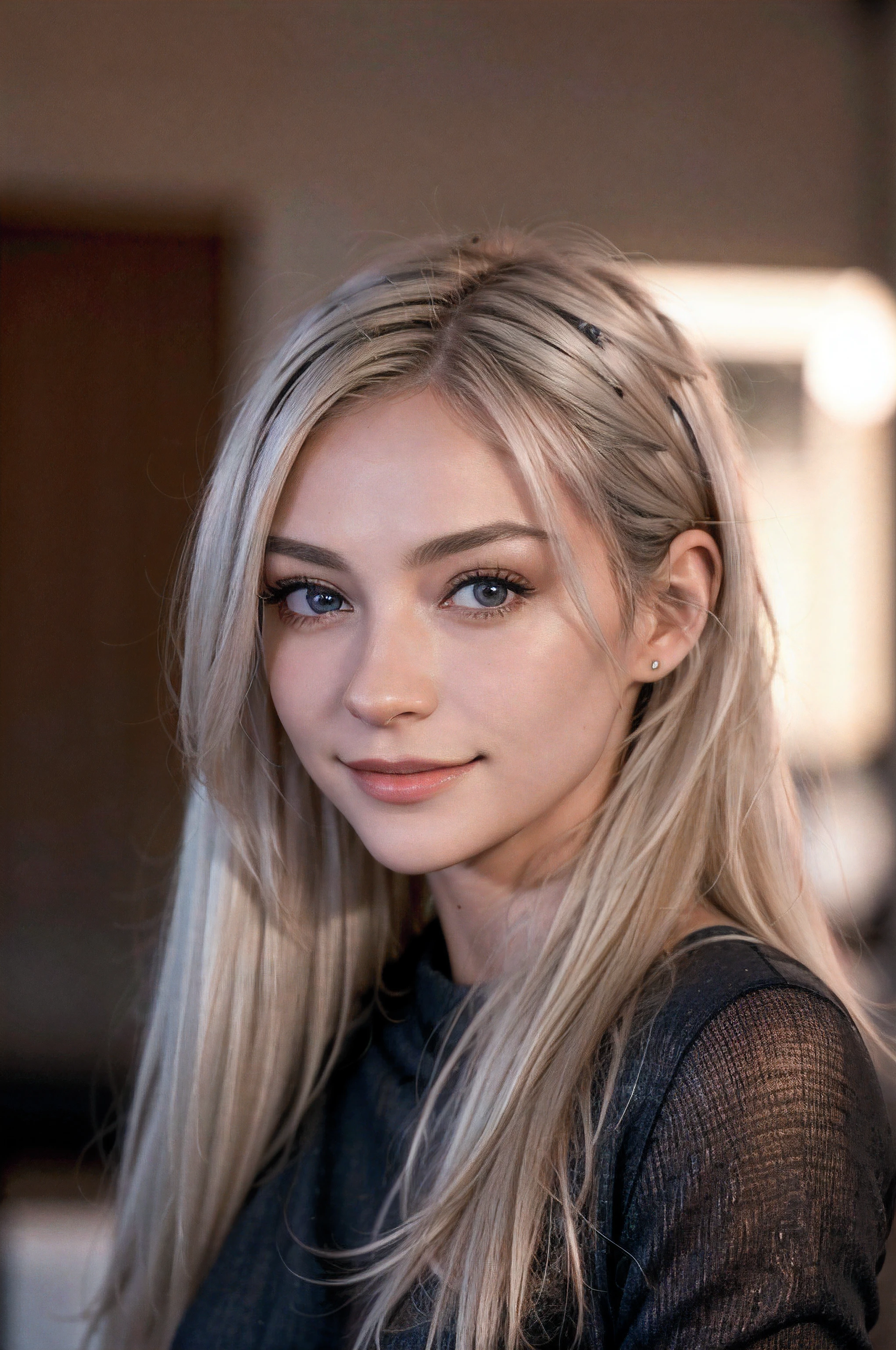 A close up of a woman with long blonde hair and a black shirt - SeaArt AI