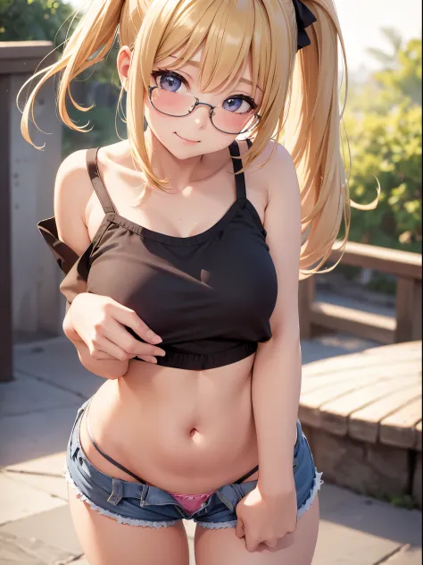 1 girl, in public, embarrassed, bangs, loli body, 13 year old girl, blonde hair side ponytail, sensual cleavage, sensual mouth, round breasts, ass facing the viewer, back to the screen, smile, tight, micro shorts 1.4, Ultra HD, 4k image, glasses, character...