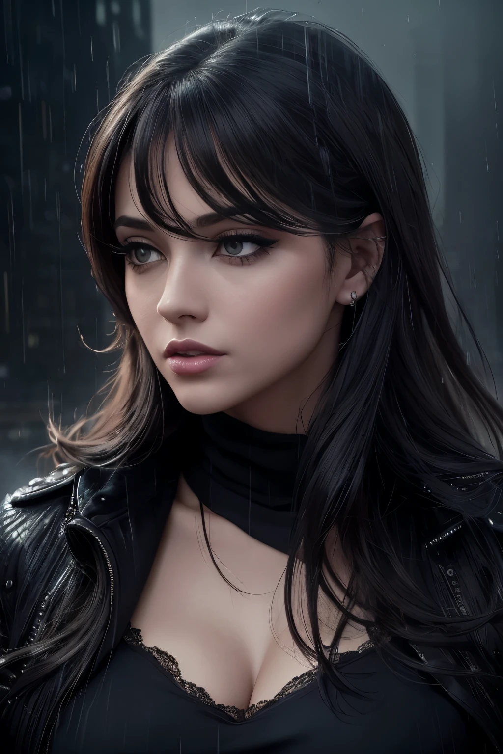 (best quality,4k,highres:1.2),plump lips,long eyelashes:1.2,realistic eyes,elegant expression:1.1,dark shadows,dramatic lighting:1.5,skyscrapers,mist,rain,neon lights,complete black background,monochrome color scheme, fully body photo, Feeling like I&#39;m standing weakly, lethargy, .
