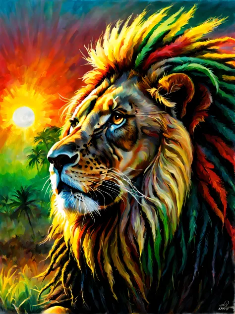 Image of a Rastafarian lion with dreadlocks in reggae colors enjoying the sunrise, Energetic and lively scene.
Estilo de Gabriele Dell&#39;Otto, Meio da jornada de IA, saturated cores, Aquarela, oil paints,   HDR, 500px, 4k,