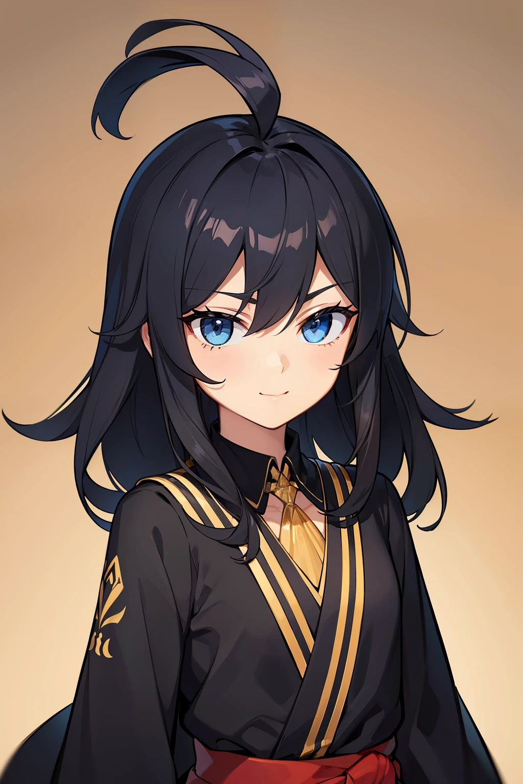 (high-quality, breathtaking),(expressive eyes, perfect face) portrait, 1girl, girl, solo, young kid, , black hair, blue coloured eyes, stylised hair, gentle smile, medium length hair, loose hair, side bangs, curley hair, really spiky hair, spiked up hair, stylized hair, looking at viewer, portrait, ancient greek clothes, black long sleeved tunic gold trim around collar edges and down middle, greek, red and gold sash, simple background, laurel accessory, slightly narrow eyes, baby face, , happy expression