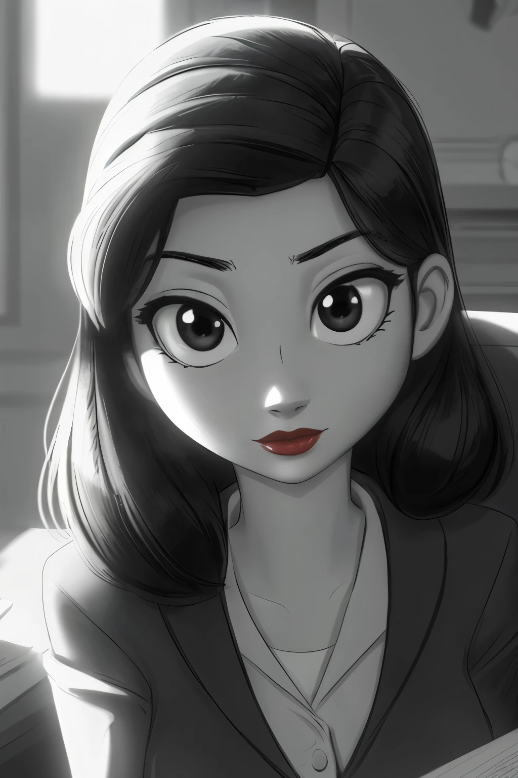 ((ultra quality)), ((tmasterpiece)), Meg, Paperman, (Black & White Style), (black and white cinema), ((Black, hairlong)), (Beautiful cute face), (beautiful female lips), Charming, ((sexy facial expression)), is looking at the camera, (Skin color: white), Body glare, ((detailed beautiful female eyes)), ((Black глаза глаза)), (juicy female lips), (red lipstick on the lips), (beautiful female hands), ((perfect female figure)), perfect female body, Beautiful waist, Gorgeous hips, Beautiful medium breasts, ((Subtle and beautiful)), sits seductively on a chair (close-up of the face), (dressed in Meg clothes, Strict office suit, black women&#39;s jacket and black skirt) background: office 50 years, ((Depth of field)), ((high quality clear image)), (crisp details), ((higly detailed)), Realistic, Professional Photo Session, ((Clear Focus)), the anime