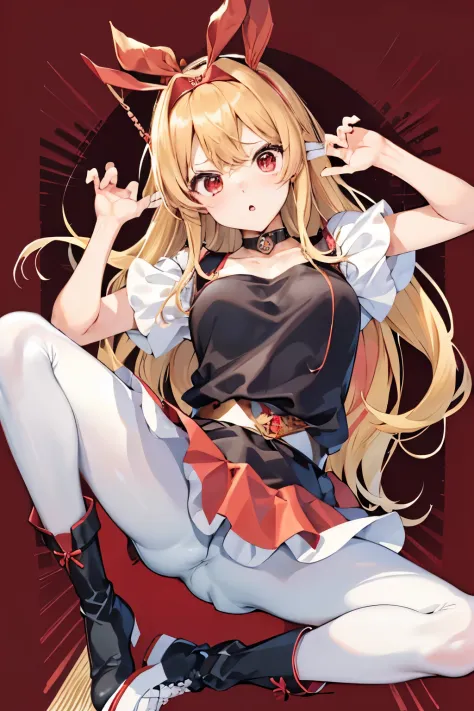 masutepiece, Best Quality, 1girl in, (cha-cha),a blond, (red eyes:1.2),((Hands up))、((a miniskirt))、((embarassed expression))、((white backgrounid))、((Spread your legs apart))、((Black pantyhose))、((length hair))、((boots))