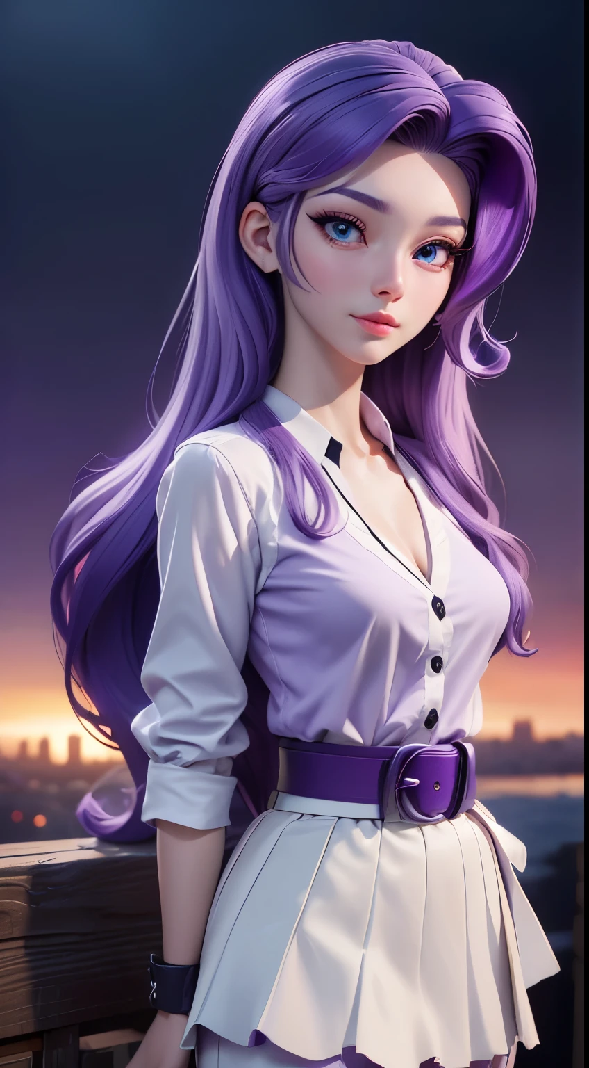 (mlprarity:1.2), (colored skin, white skin:1.5), (purple hair:1.5), (blue eyes, side parted hair, long hair, curly hair:1.2), (white blouse, purple skirt, purple belt:1.5), diamond theme, city girl, city, (realistic:1.2),  (masterpiece:1.2), (full-body-shot:1.2),(Cowboy-shot:1.2), neon lighting, dark romantic lighting, (highly detailed:1.2),(detailed face:1.2), (gradients), colorful, detailed eyes, (detailed landscape:1.2), (natural lighting:1.2),(detailed background), detailed landscape, (glamour pose:1.2), solo,