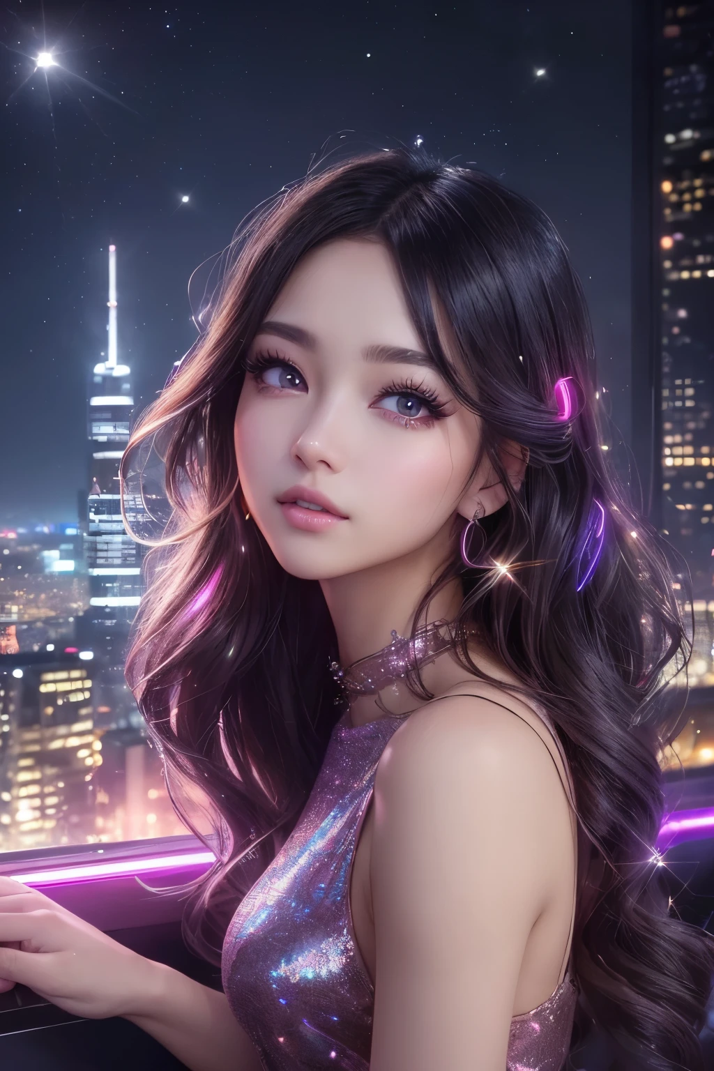 prominent eyelashes、Beautiful eyes、Beautiful lips:1.3、((calm atmosphere、urban style dressing:1.2))、soft and natural light、darker shadows:0.9、Vibrant colors、Beautiful skin tone、((A space sparkling with neon lights:1.1))、Glittering night view、((Urban background、highrise buildings:1.2))。