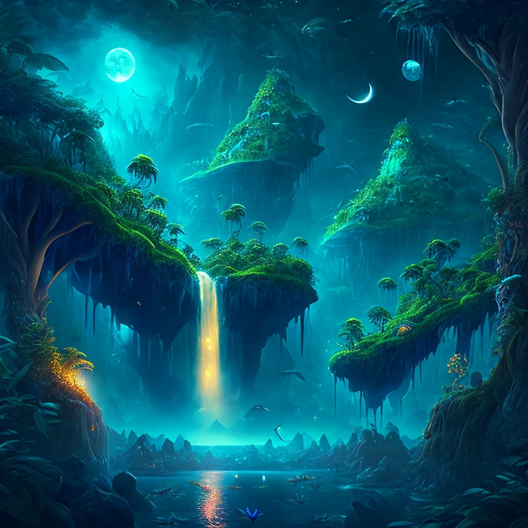 An enchanting fantasy jungle under a moonlit sky, massive floating islands covered in lush vegetation, cascading waterfalls, and illuminated creatures soaring through the night, Digital artwork