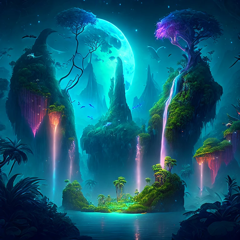 Ein bezaubernder Fantasy-Dschungel unter einem mondbeschienenen Himmel, riesige schwimmende Inseln mit üppiger Vegetation, kaskadierende Wasserfälle, und leuchtende Kreaturen, die durch die Nacht schweben, digitales Kunstwerk