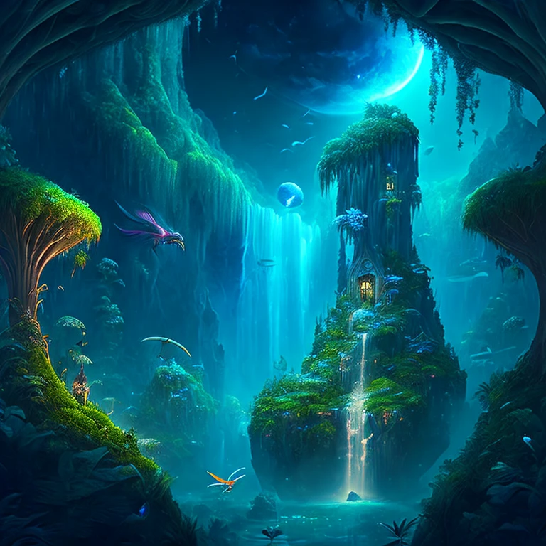 An enchanting fantasy jungle under a moonlit sky, massive floating islands covered in lush vegetation, cascading waterfalls, and illuminated creatures soaring through the night, Digital artwork