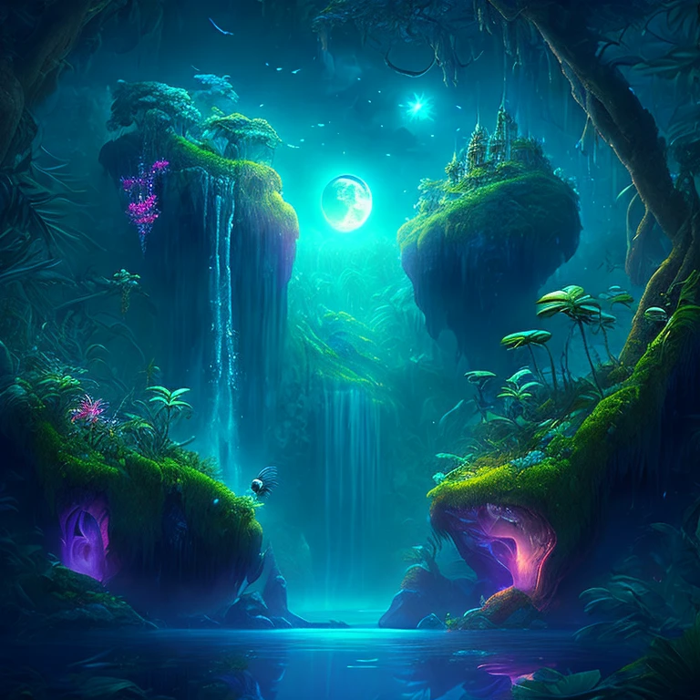 An enchanting fantasy jungle under a moonlit sky, massive floating islands covered in lush vegetation, cascading waterfalls, and illuminated creatures soaring through the night, Digital artwork